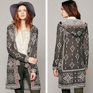 Free People Hooded Long Cardigan Sweater Kai Tassel Pom Tapestry Boho Size XS